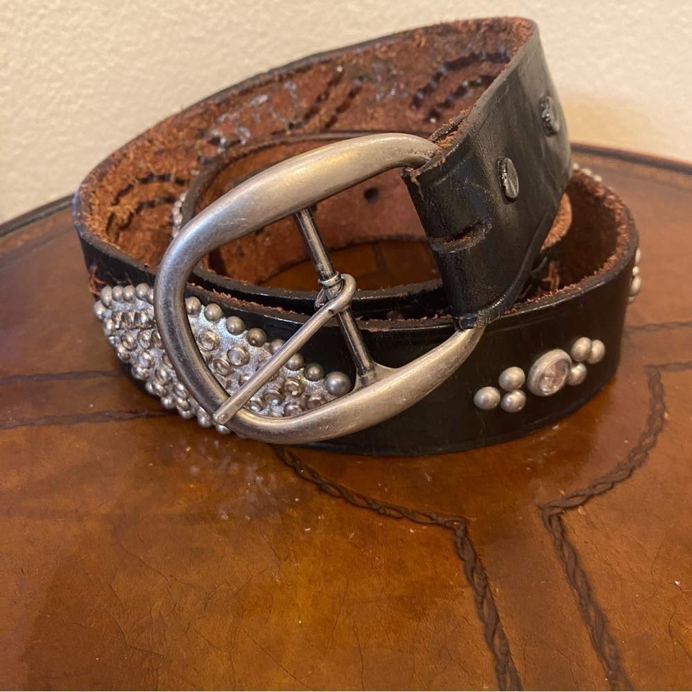 Women Brown Leather Embellished Rhinestone Bling Belt Size Large-Made in Mexico